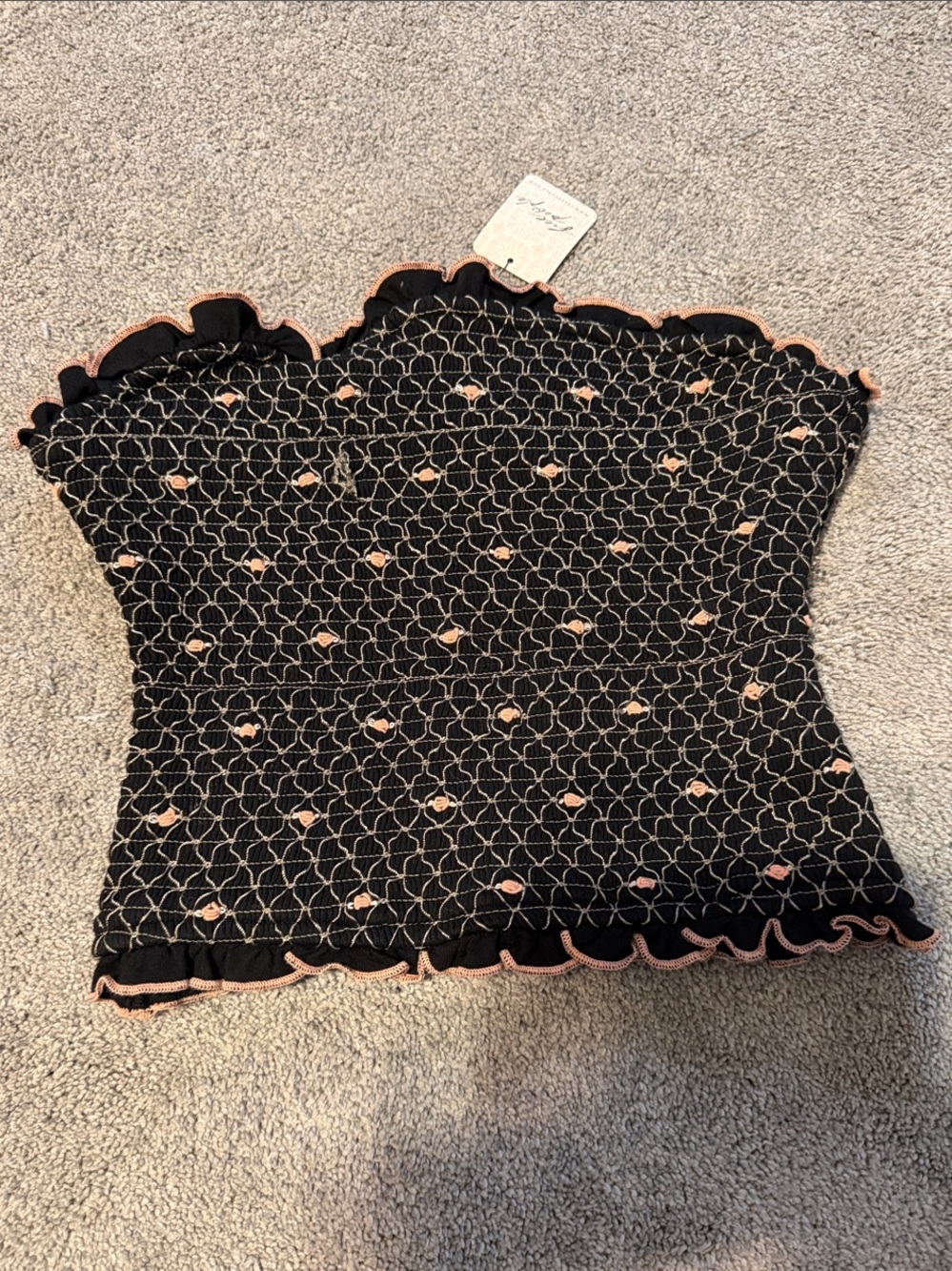 Free People Smocked Tube Top Halter Black with Pink Embroidered Rosettes